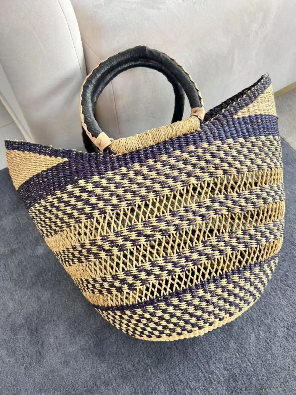 Brand New Bolga Large Handwoven Ghanaian Straw Market Tote Basket – Navy